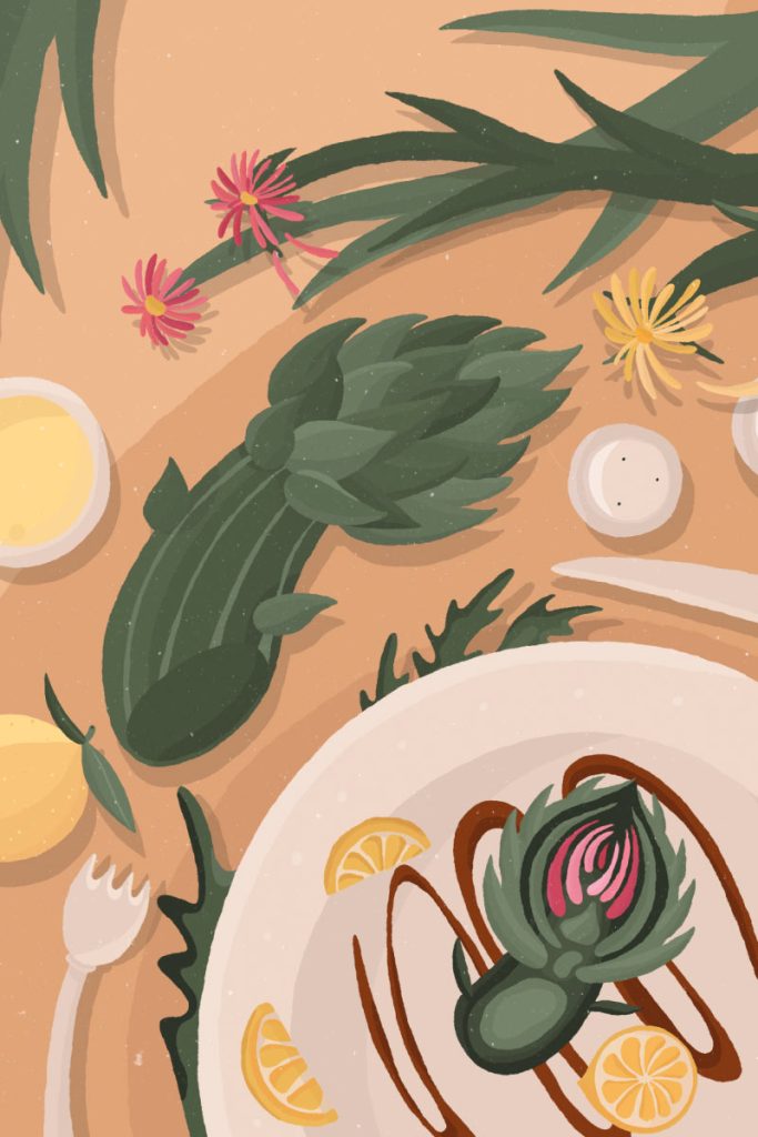 Explore the serene and detailed botanical artwork by Irina lokteva Pikalova, featuring green vegetables, oil, lemons, artichokes, and leaves on a soft beige background. This nature-inspired composition highlights minimalist yet intricate style, capturing the delicate beauty of organic elements. Perfect for those who appreciate natural aesthetics in art.