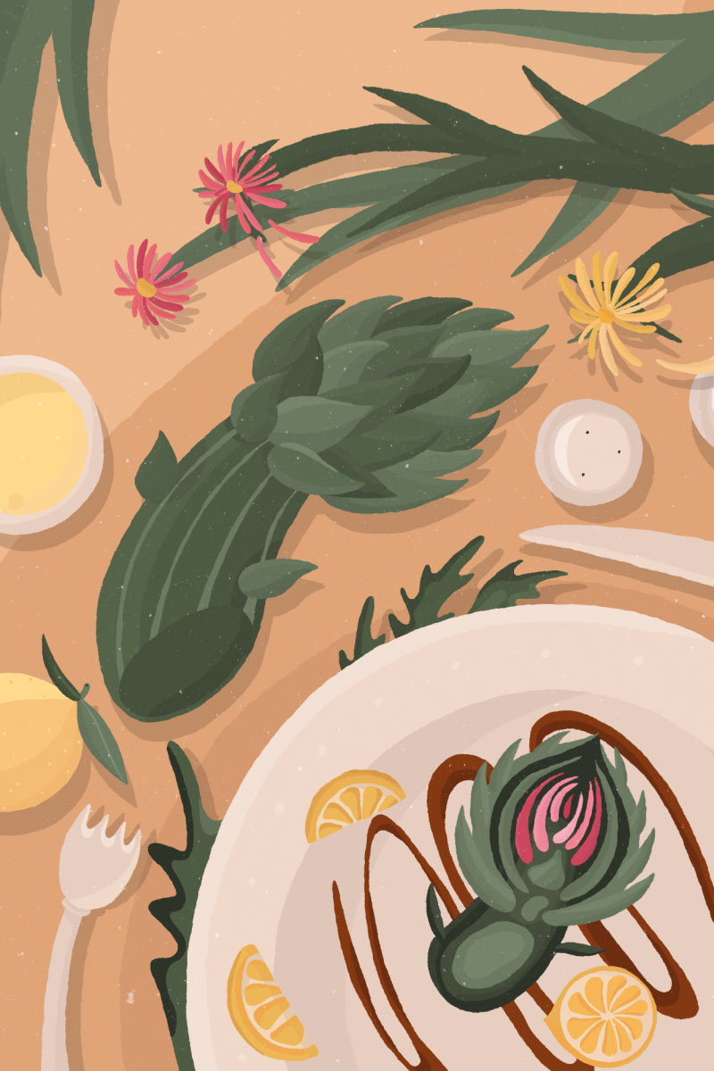 Explore the serene and detailed botanical artwork by Irina lokteva Pikalova, featuring green vegetables, oil, lemons, artichokes, and leaves on a soft beige background. This nature-inspired composition highlights minimalist yet intricate style, capturing the delicate beauty of organic elements. Perfect for those who appreciate natural aesthetics in art.