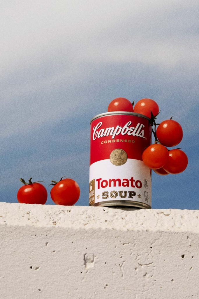 Campbell’s Tomato Soup Can still life composition with fresh tomatoes by Irina Lokteva Pikalova (Irina Lopik), blending iconic branding with natural elements in a contemporary outdoor setting.