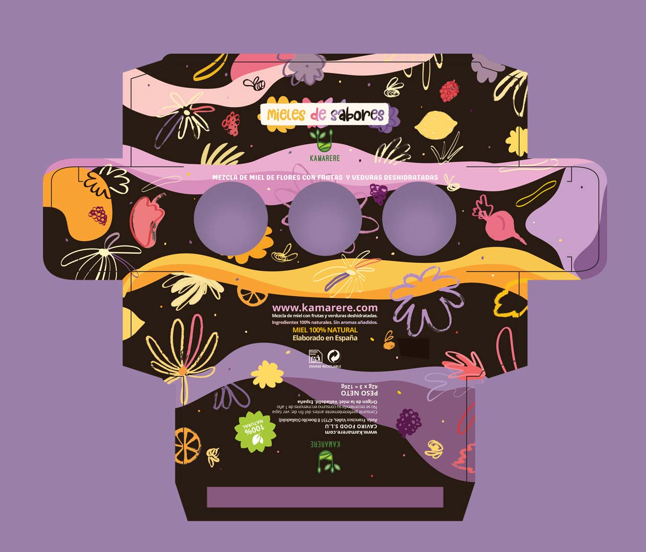 Illustrated packaging design for Kamarere honey blends showcasing pastel colour hand-drawn fruits and vegetables, handmade lettering and soft abstract colourful shapes on a deep brown background.