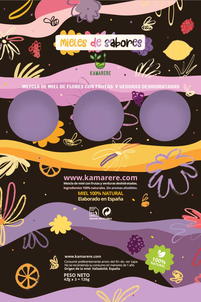 Illustrated packaging design for Kamarere honey blends showcasing pastel colour hand-drawn fruits and vegetables, handmade lettering and soft abstract colourful shapes on a deep brown background.