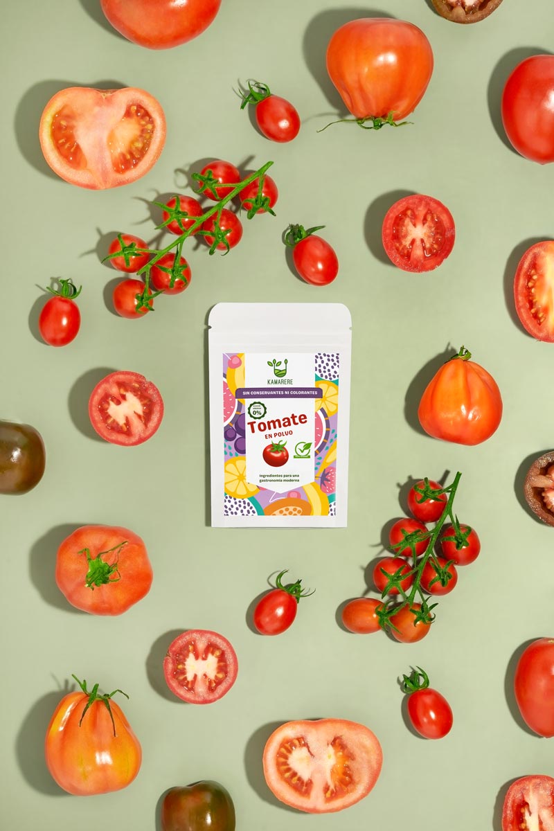 A product photograph of Kamarere’s 100% natural dehydrated fruit and vegetable powder in a resealable white pouch.